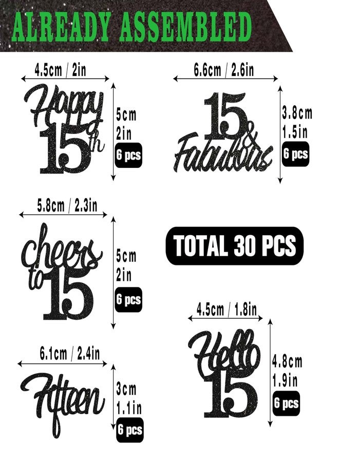 Sotpot 30 Pack 15th Birthday Cupcake Toppers Hello 15 Cheers to 15 Years Cupcake Picks for 15th Birthday Anniversary Party Cake Decorations Black Glitter - Image 2